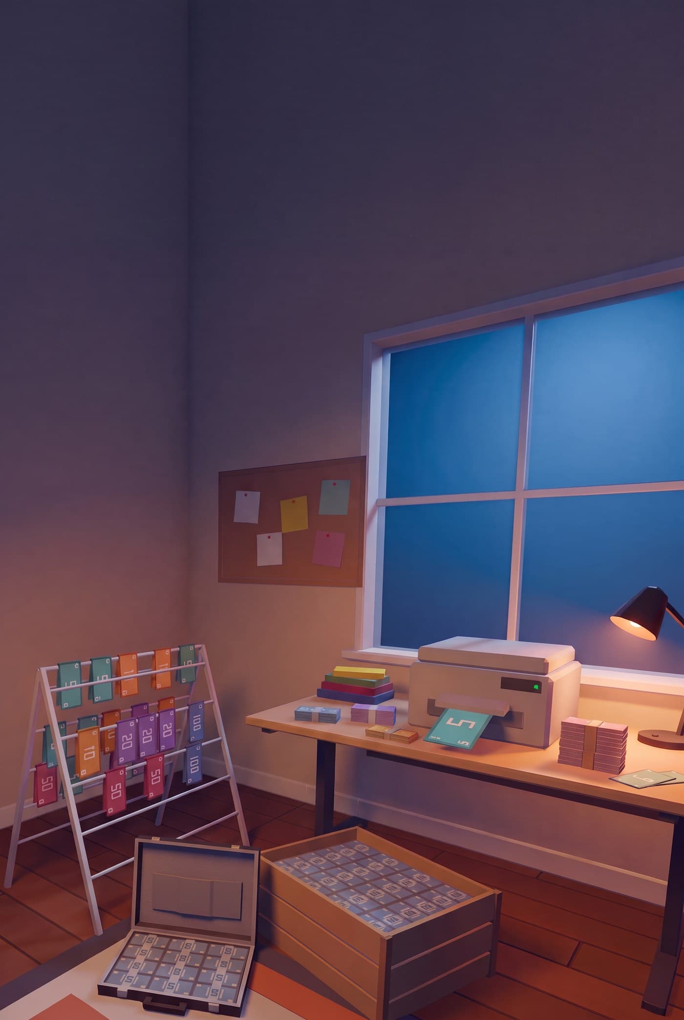 A bedroom at night: a desk printer pushes out a fresh bill under a lamp, colourful notes hang on a drying rack and a crate on the floor is packed with bundles.