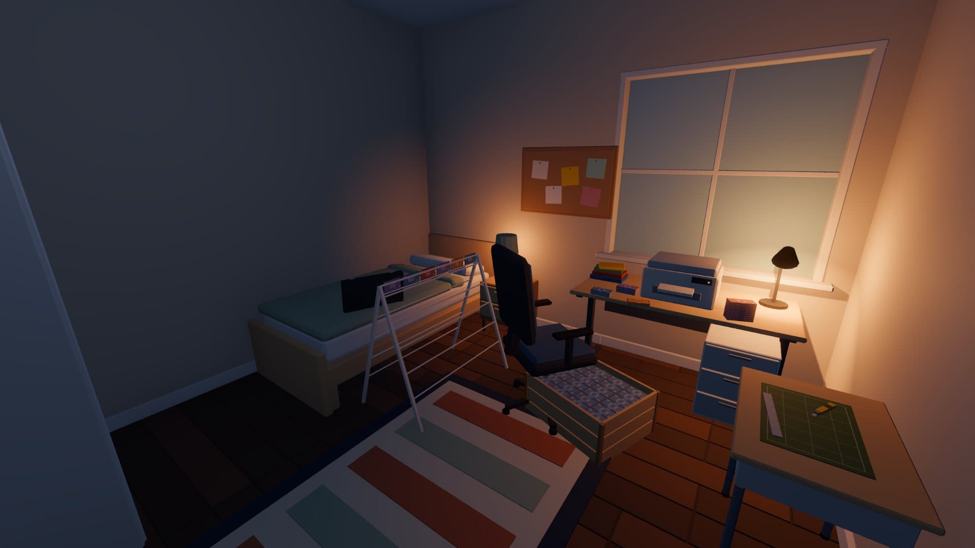 The whole bedroom seen from the doorway at night, with a striped rug, a cutting table, the printer desk and a drying rack.