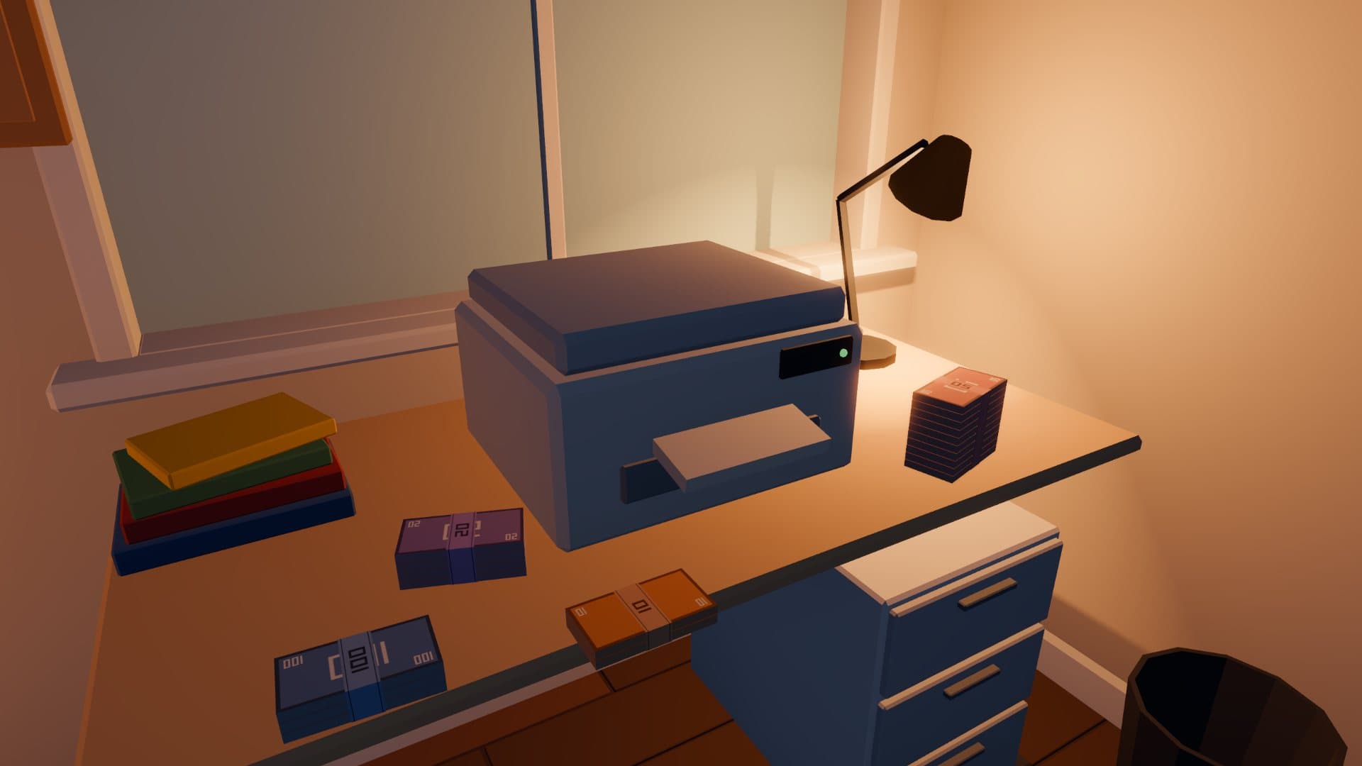 Close-up of a printer on a desk under a lamp, with stacks of colourful bills and a pile of books beside it.