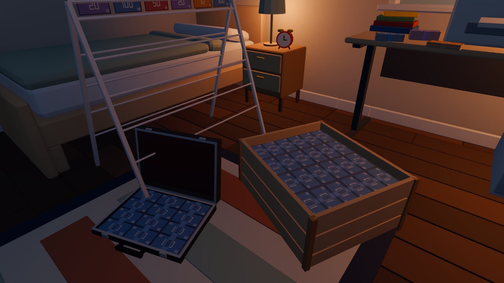 A drying rack hung with fresh notes above an open briefcase and a wooden crate packed with bundled bills.