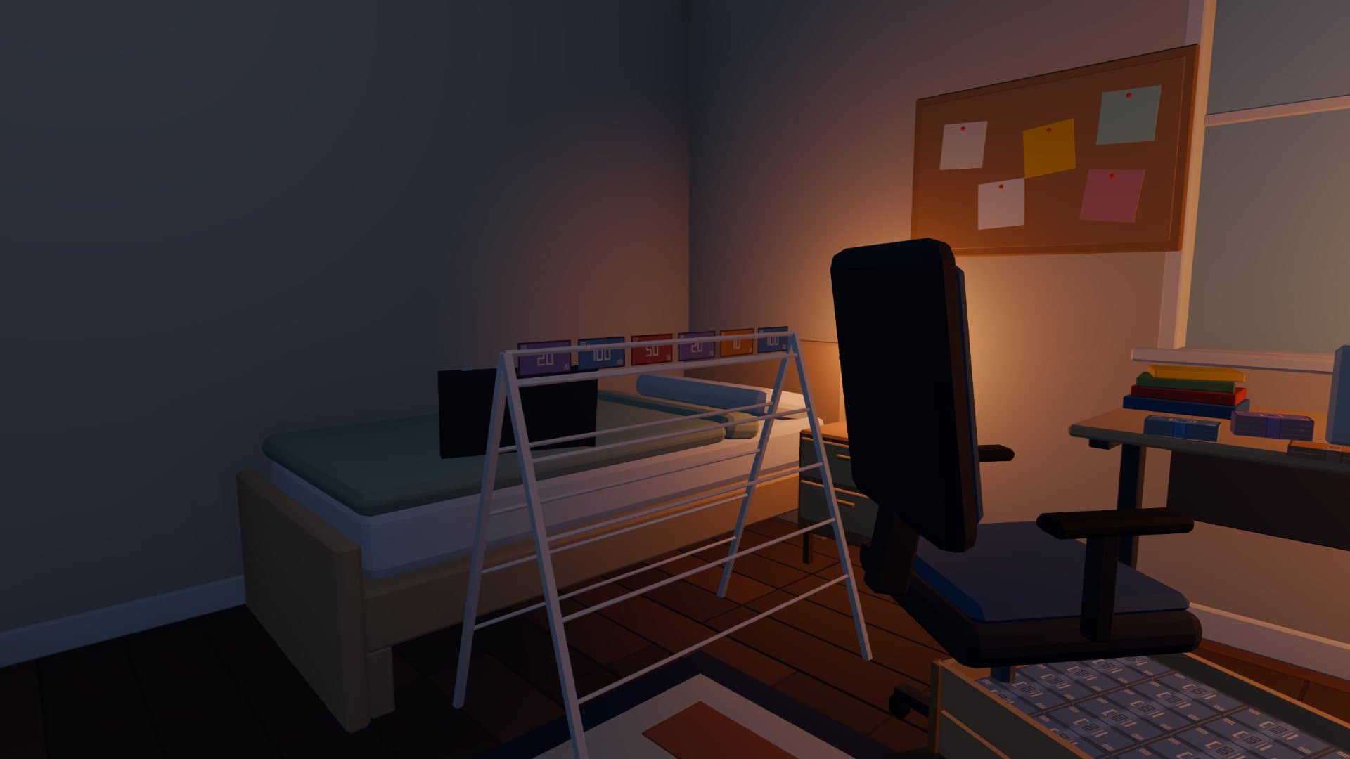 An office chair beside a drying rack of bills in a dim bedroom, with a corkboard of notes on the wall.