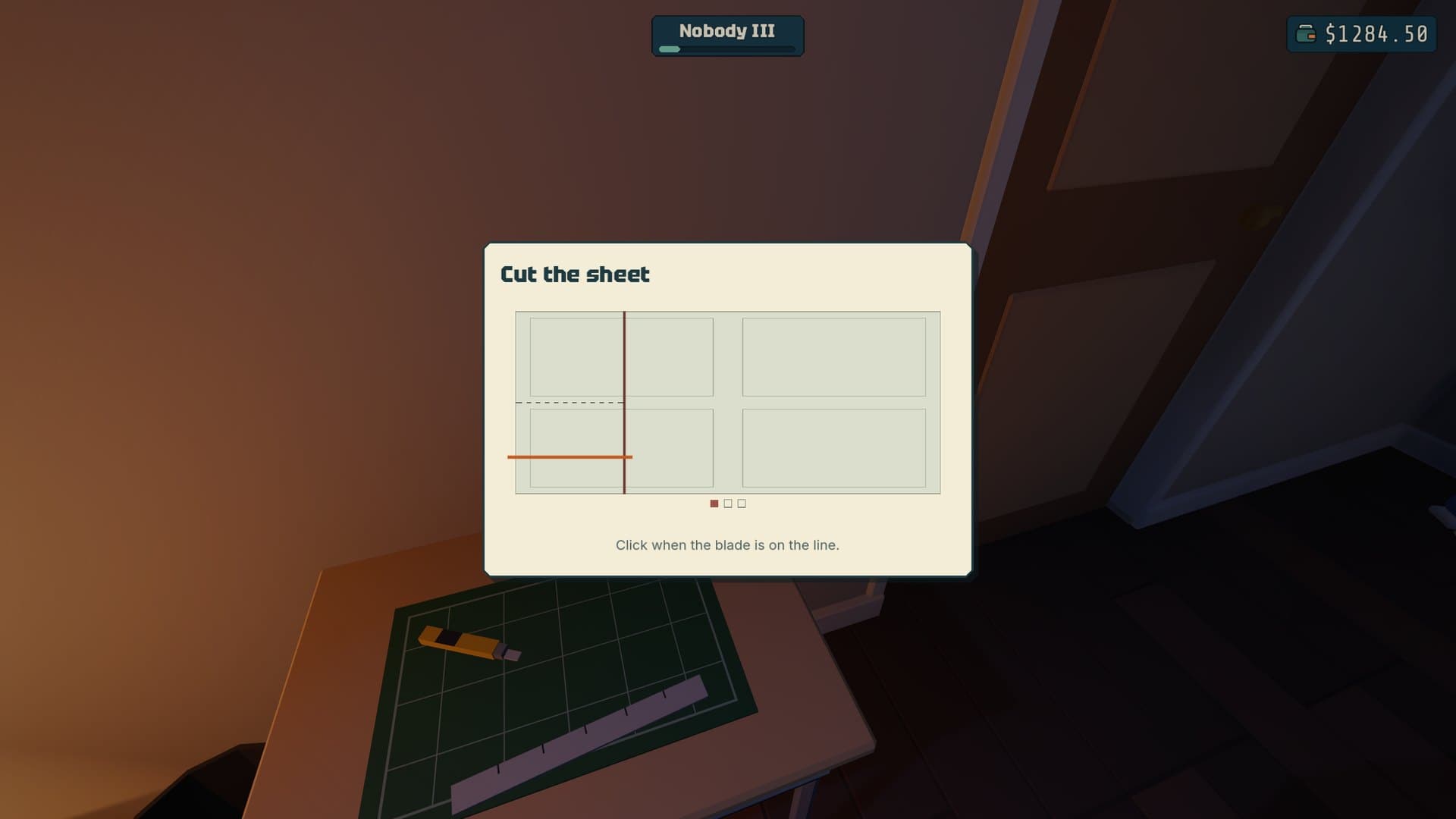 First-person view at the cutting mat, with the cutting mini-game open: one cut made and the blade moving to the next line.